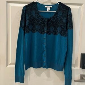 White House Black Market Teal Cardigan with Black Lace Design Women XL